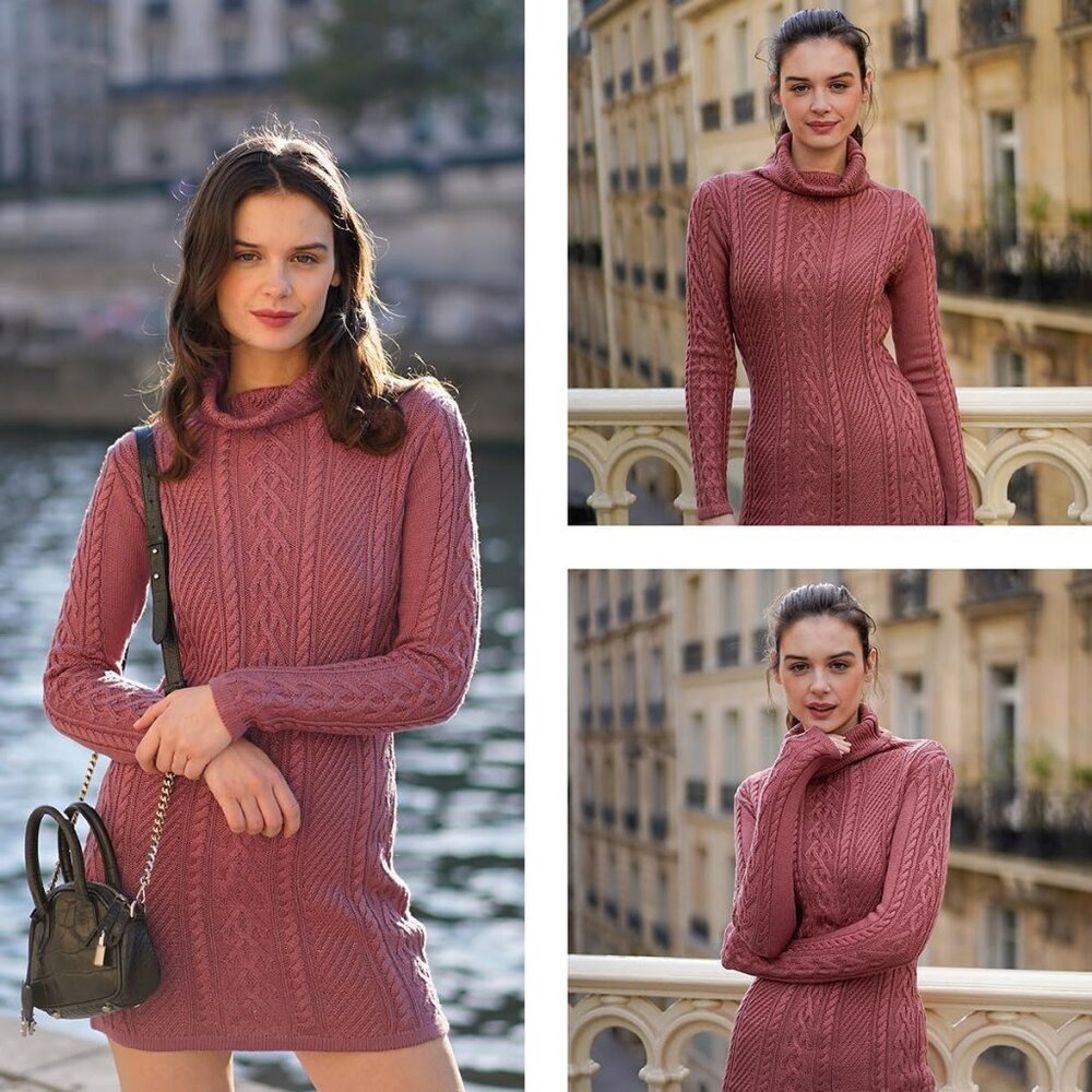 Women's Polo Neck Long Fitted Dress Bodycon Turtleneck Cable Knit Sweater Rouge - Picture 4 of 4
